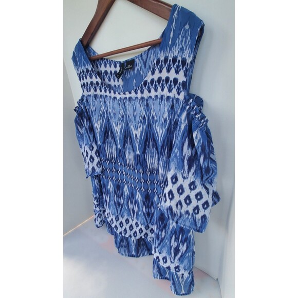 New Directions Women’s Shirt XL Blue White Cold Shoulder Blouse Top Boho Dressy - Picture 3 of 11